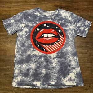 Oliver & Otis Flag Lips Graphic T-Shirt  M Gray Bleach Wash Patriotic USA Y2K